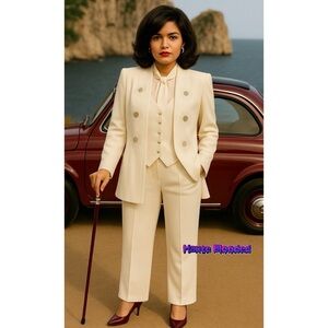 R&M Richards Karen Kwong Vintage 90's Ivory Embroidered Beaded Pants Suit y2k